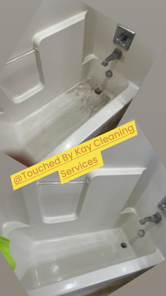 A before and after comparison of a dirty bathtub, now thoroughly cleaned by Touched By Kay Cleaning Services in Pittsburgh, PA.