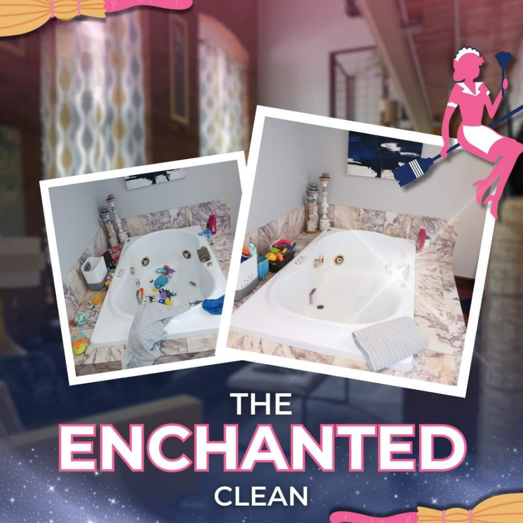 Before and after comparison of a sparkling clean bathtub by Unity Cleaning in Chicago, IL.