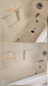 A dirty bathtub before and after professional cleaning by Wisconsin Cleaners LLC in Green Bay, WI.