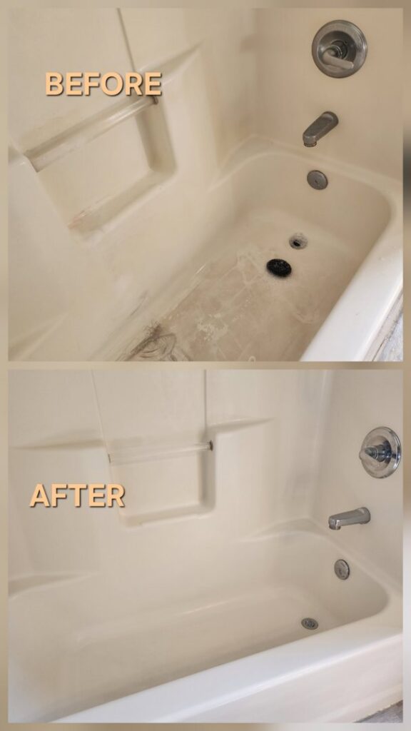 A dirty bathtub before and after professional cleaning by Wisconsin Cleaners LLC in Green Bay, WI.