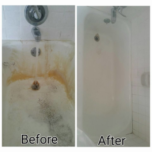 Before and after photos of a bathtub deep cleaned by Mountain View Cleaners in Albuquerque, NM
