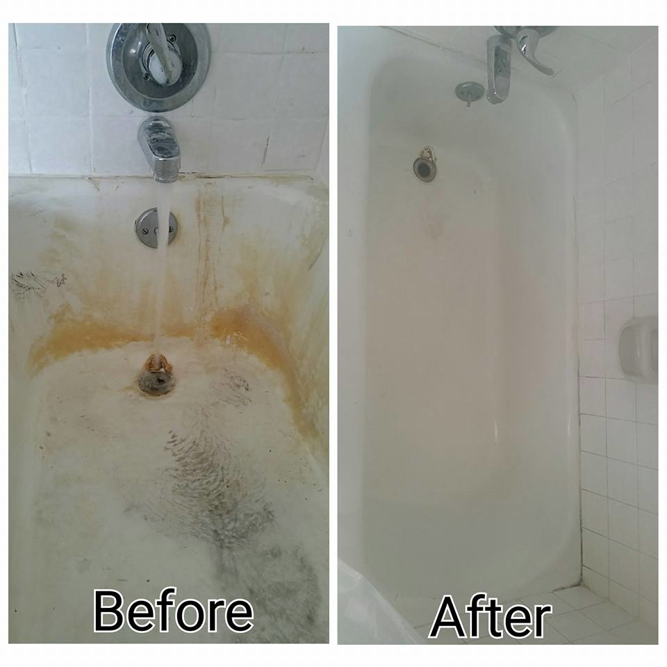 Before and after photos of a bathtub deep cleaned by Mountain View Cleaners in Albuquerque, NM
