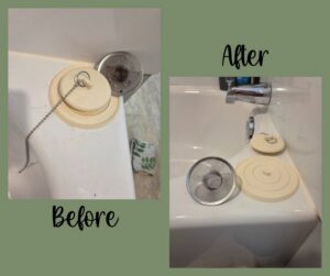 A bathtub drain and stopper area thoroughly cleaned in a before and after by Eternal Blossom Cleaning Services in Tulsa, OK