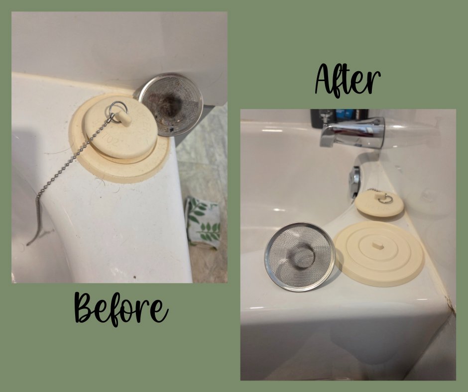 A bathtub drain and stopper area thoroughly cleaned in a before and after by Eternal Blossom Cleaning Services in Tulsa, OK