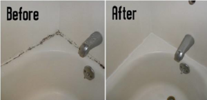 Before and after comparison of a bathtub corner showing successful mold removal and deep cleaning by The Fabulous Maid in Boston, MA.