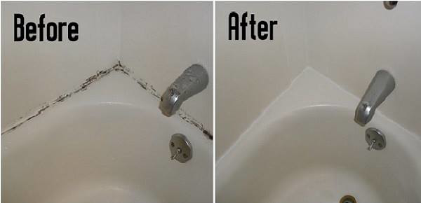 Before and after comparison of a bathtub corner showing successful mold removal and deep cleaning by The Fabulous Maid in Boston, MA.