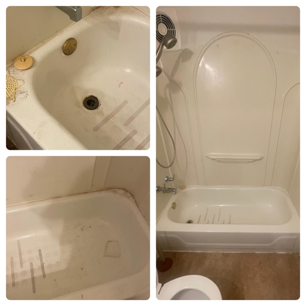 Before and after cleaning of a dirty bathtub and shower by Optimum Commercial and Residential Cleaning LLC in Springfield, OR