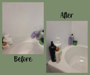 Before and after comparison of a sparkling clean bathtub and shower area by Eternal Blossom Cleaning Services in Tulsa, OK