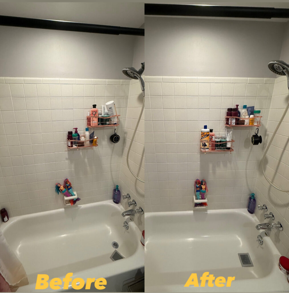 Before and after comparison of a bathtub and shower area, demonstrating thorough cleaning by GentleNest Home Cleaning in Livonia, MI.