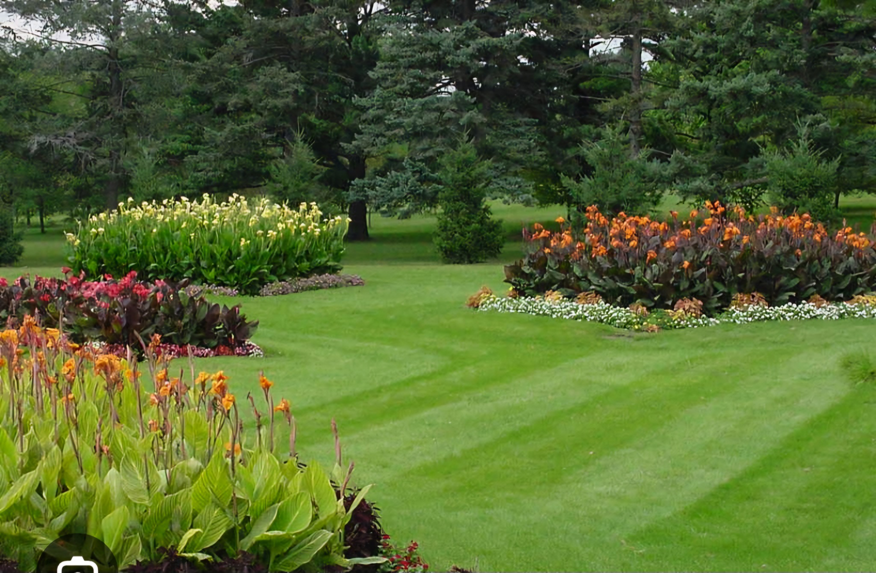 A beautifully mowed lawn with distinct stripes and colorful flower beds by Amazing Lawns & Lighting in Omaha, NE.