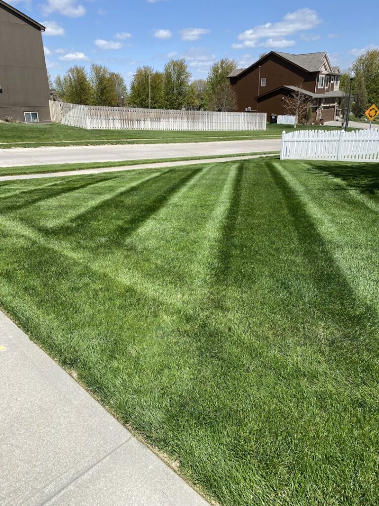 A beautifully striped front lawn, demonstrating expert mowing services by Heath's Lawn Care in Omaha, NE.
