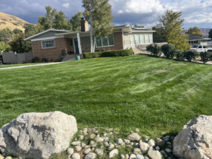 A beautifully striped green lawn in front of a modern house by Lakeside Lawn Care in Sanford, NC.