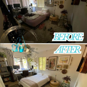 A tidy and organized bedroom after a deep cleaning service by Mary's Sparkling Cleaning in Fall River, MA, shown in a before and after comparison.