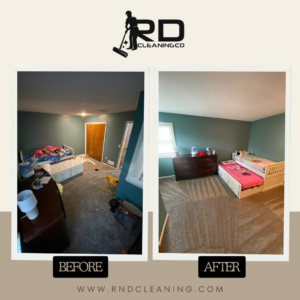 Before and after view of a bedroom showing professional cleaning services by R&D Cleaning Co. in Rolla, MO