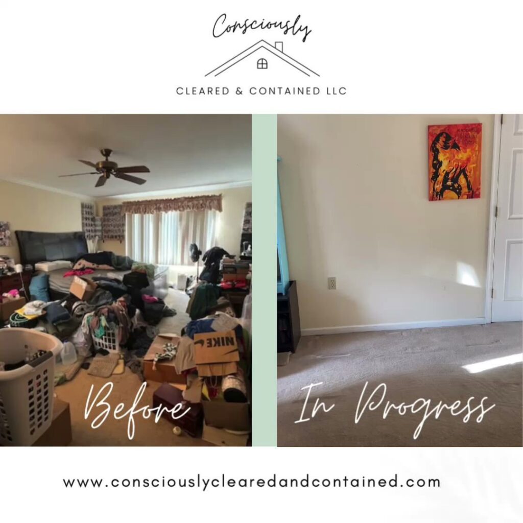 Before and in-progress photos of a bedroom decluttering service by Consciously Cleared & Contained LLC in Elsmere, DE.