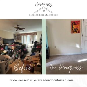 Before and in-progress photos of a bedroom decluttering service by Consciously Cleared & Contained LLC in Elsmere, DE.