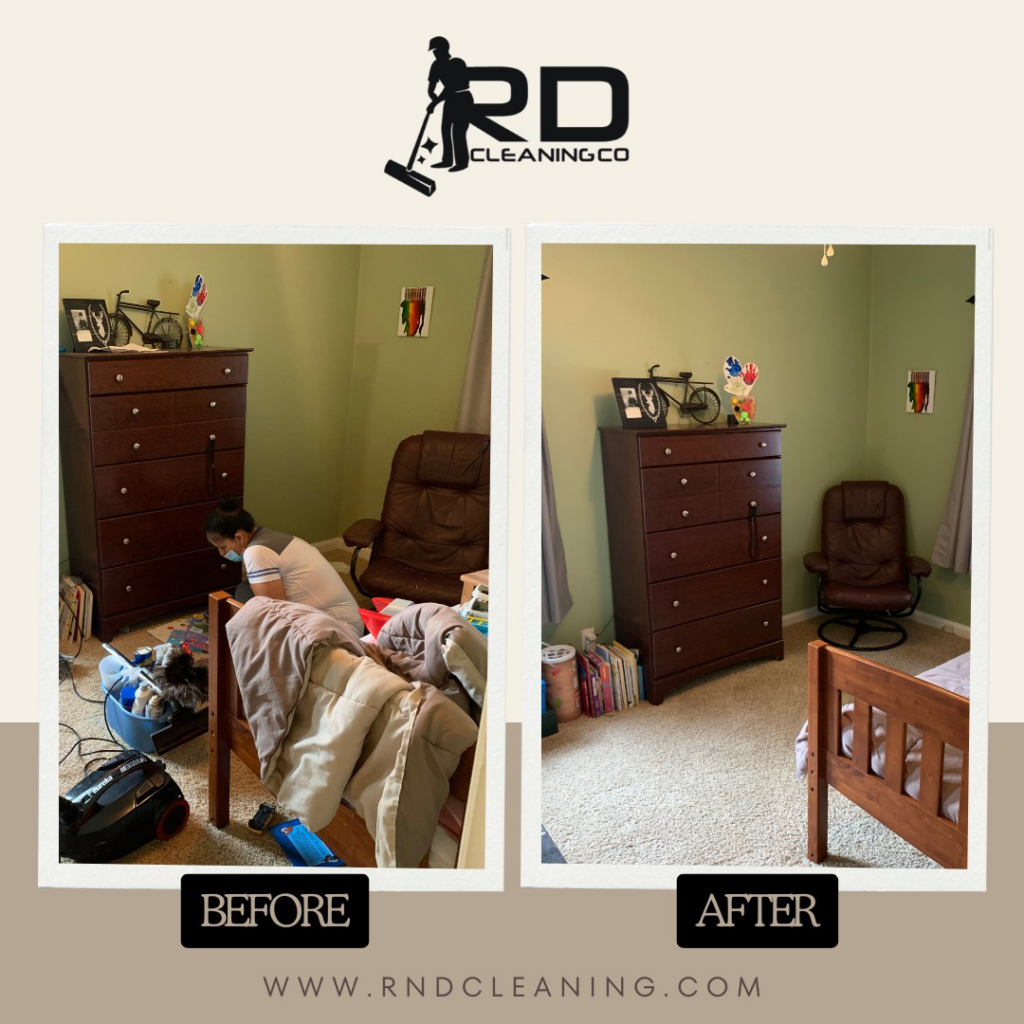 A before and after comparison of a bedroom after deep cleaning by R&D Cleaning Co. in Rolla, MO