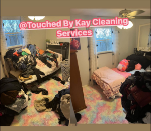 A before and after comparison of a messy bedroom, now neatly tidied and organized by Touched By Kay Cleaning Services in Pittsburgh, PA.