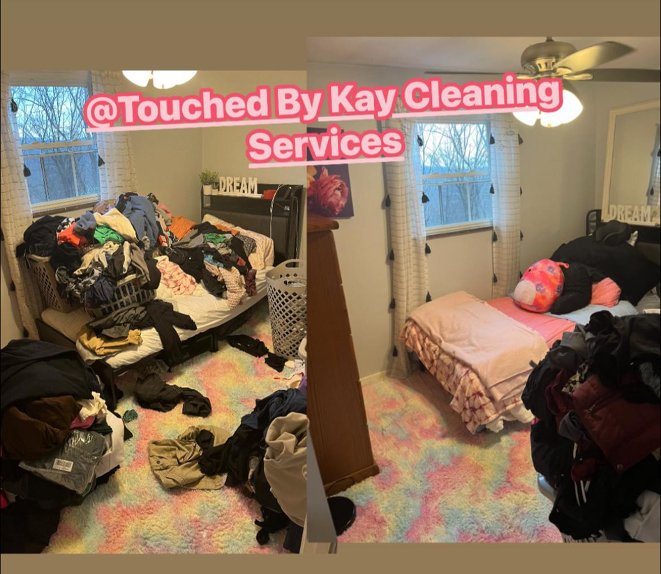 A before and after comparison of a messy bedroom, now neatly tidied and organized by Touched By Kay Cleaning Services in Pittsburgh, PA.
