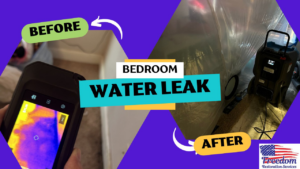 Before and after photos showing thermal imaging for a bedroom water leak and subsequent drying by Freedom Restoration Services of NWA in Rogers, AR.