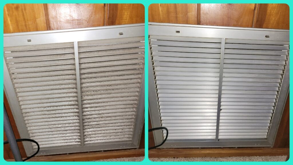 Before and after comparison of a dirty and clean air vent, showcasing professional house cleaning by Perfectly Polished by Paige in Raleigh, NC.
