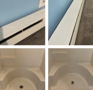 Before and after photos of a baseboard heater and shower cleaned by Crystal Kleen Residential Cleaning Services in Federal Way, WA.