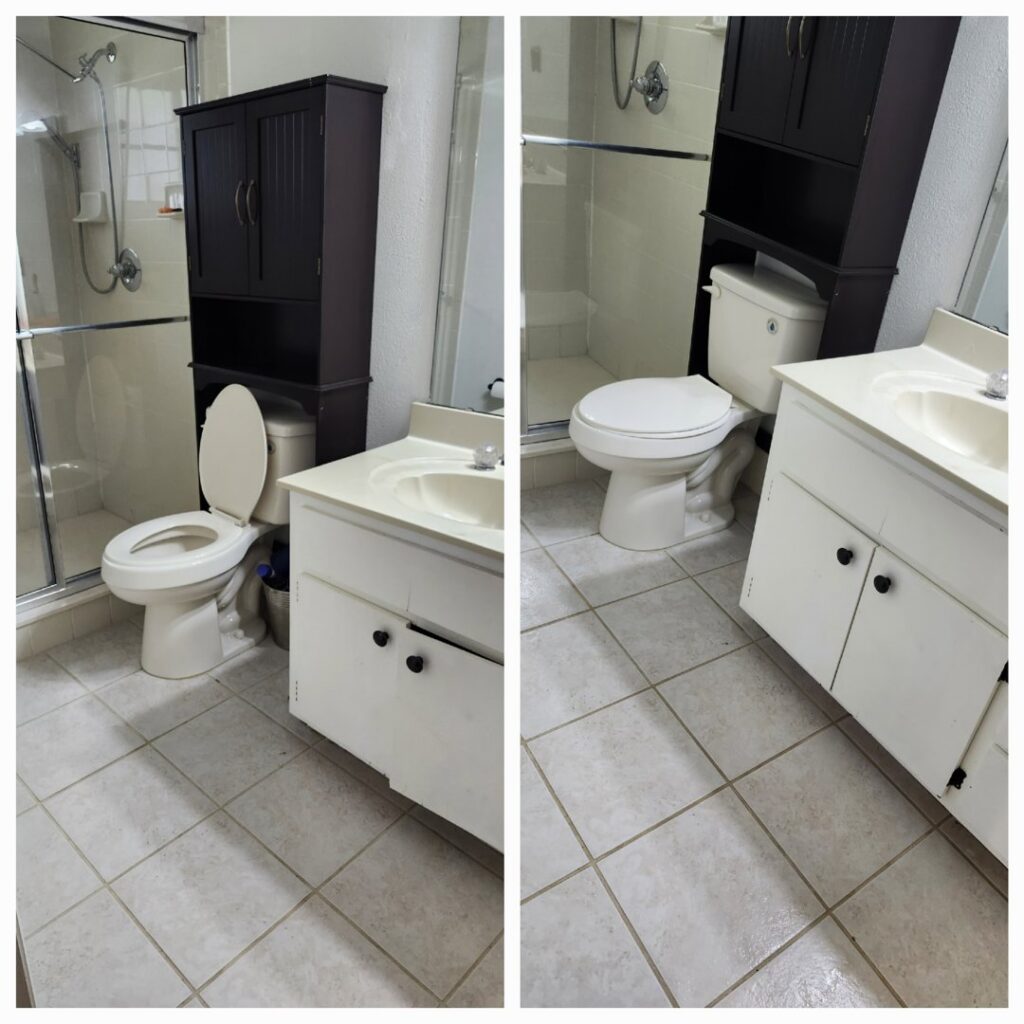 Before and after comparison of a bathroom, demonstrating comprehensive cleaning services by Perfectly Polished by Paige in Raleigh, NC.