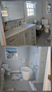 Before and after comparison of a bathroom, showcasing a thorough cleaning by Solange D Kleaner in New Bedford, MA.