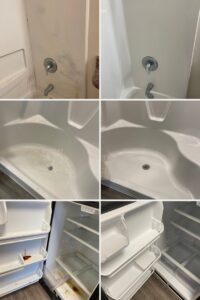 Before and after photos showcasing bathtub and refrigerator cleaning services by Maximo Cleaning in Lexington, KY.