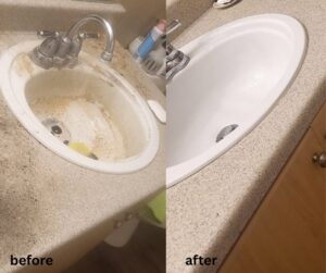 Before and after view of a sparkling clean bathroom sink by Las Vegas Janitorial Services in Las Vegas, NV