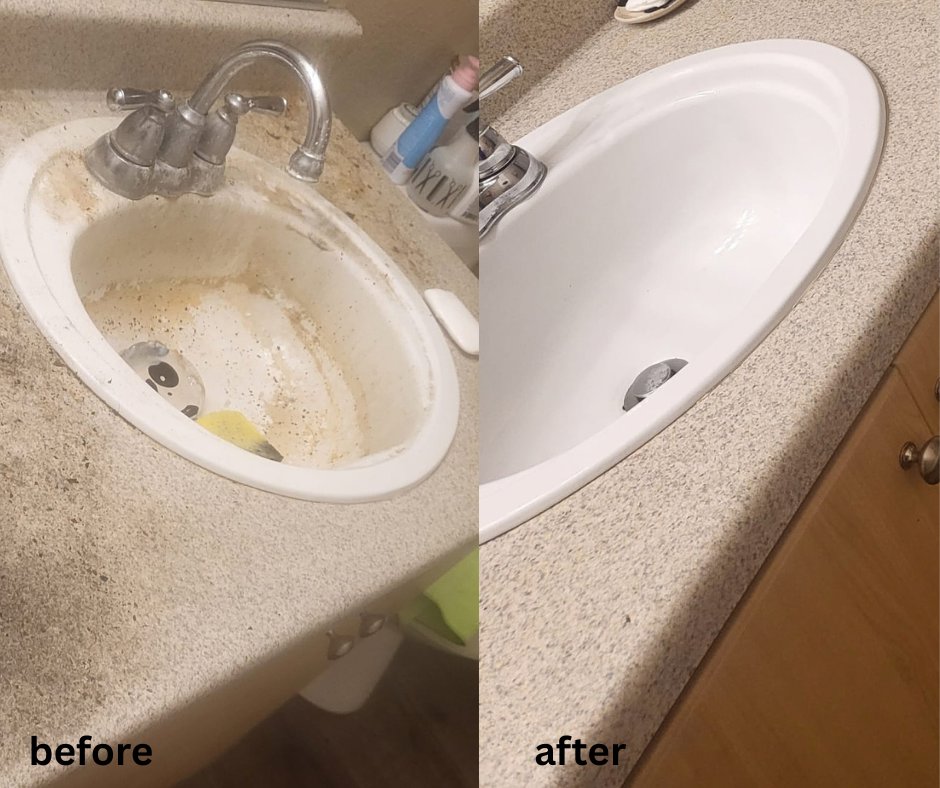 Before and after view of a sparkling clean bathroom sink by Las Vegas Janitorial Services in Las Vegas, NV