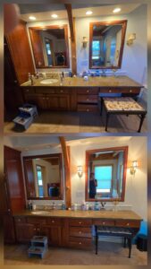 Before and after comparison of a sparkling clean bathroom vanity by Solange D Kleaner in New Bedford, MA.