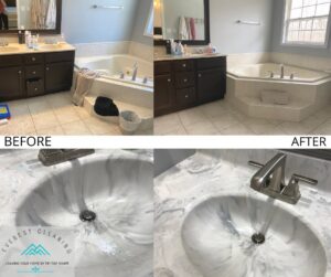 Before and after comparison of a bathroom vanity and sink, showing a dirty area transformed into a clean space by Everest Cleaning LLC in East Peoria, IL