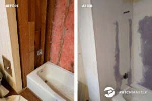 Before and after photos of a bathroom wall opened for water damage repair by PatchMaster Central Connecticut, a specialist in Bristol, CT.