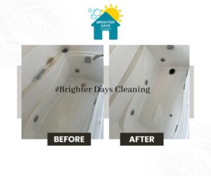 Before and after comparison of a dirty bathtub cleaned by Brighter Days Cleaning in Sacramento, CA