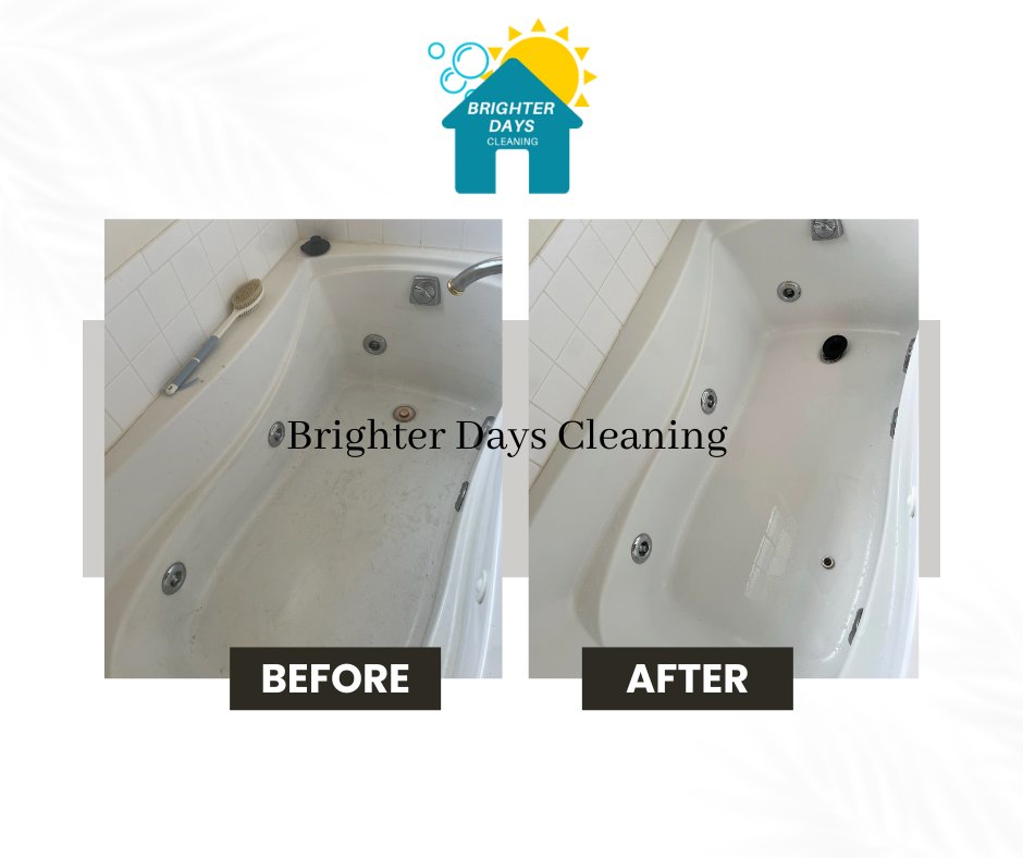 Before and after comparison of a dirty bathtub cleaned by Brighter Days Cleaning in Sacramento, CA