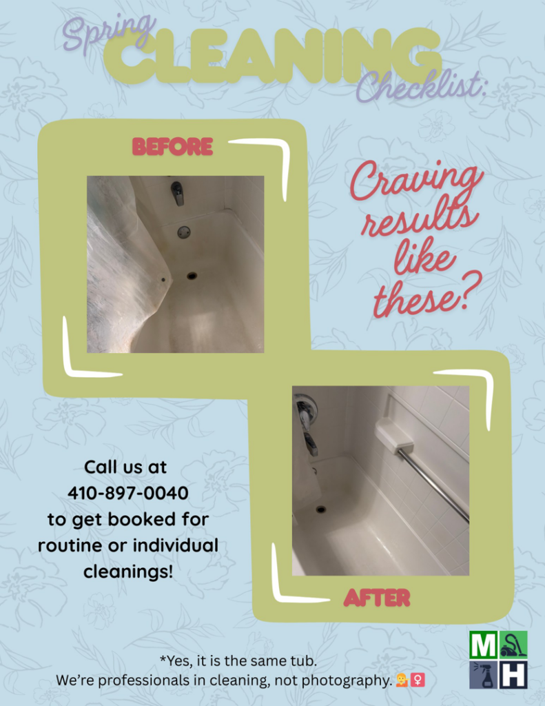 Before and after photos showing a sparkling clean bathtub after professional cleaning by Maid Healthy Inc in Annapolis, MD.