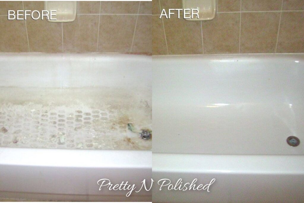 A before and after comparison of a dirty bathtub transformed into a spotless one by Pretty & Polished Cleaning Services in Sandy, OR.