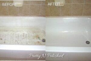 A before and after comparison of a dirty bathtub transformed into a spotless one by Pretty & Polished Cleaning Services in Sandy, OR.