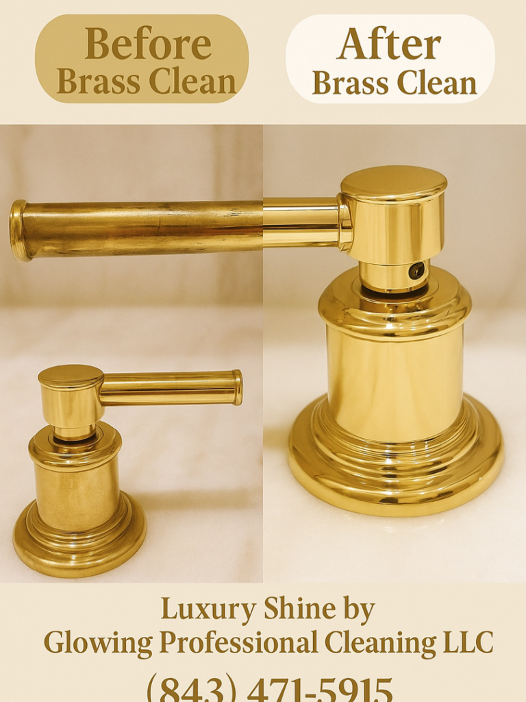 Before and after comparison of a brass faucet, showcasing professional polishing by Glowing Cleaning Services in North Charleston, SC.