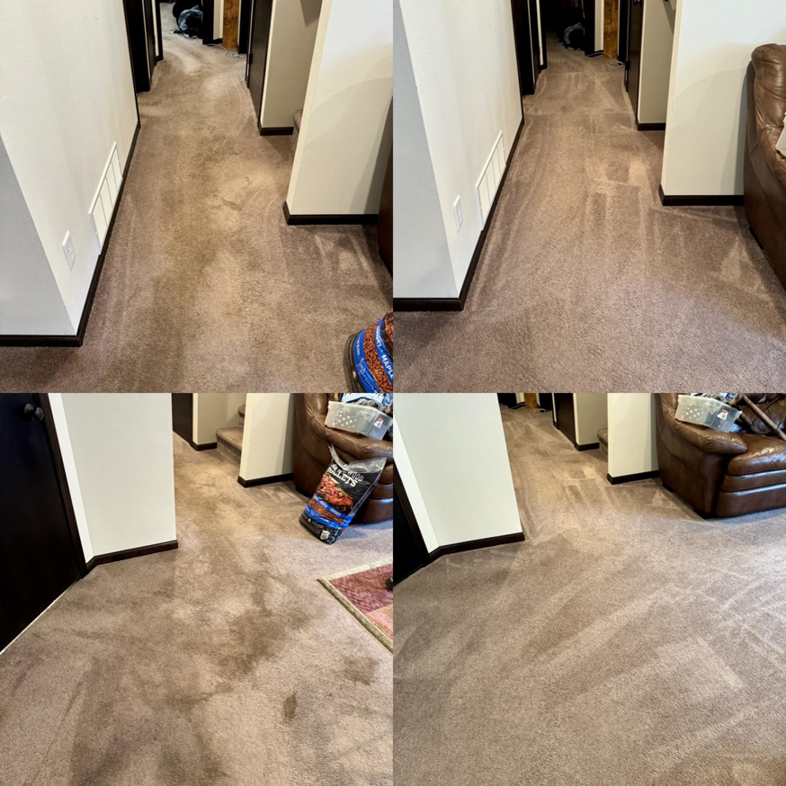 A before and after comparison of a professionally cleaned carpet in a hallway by FM Cleaning in West Fargo, ND.