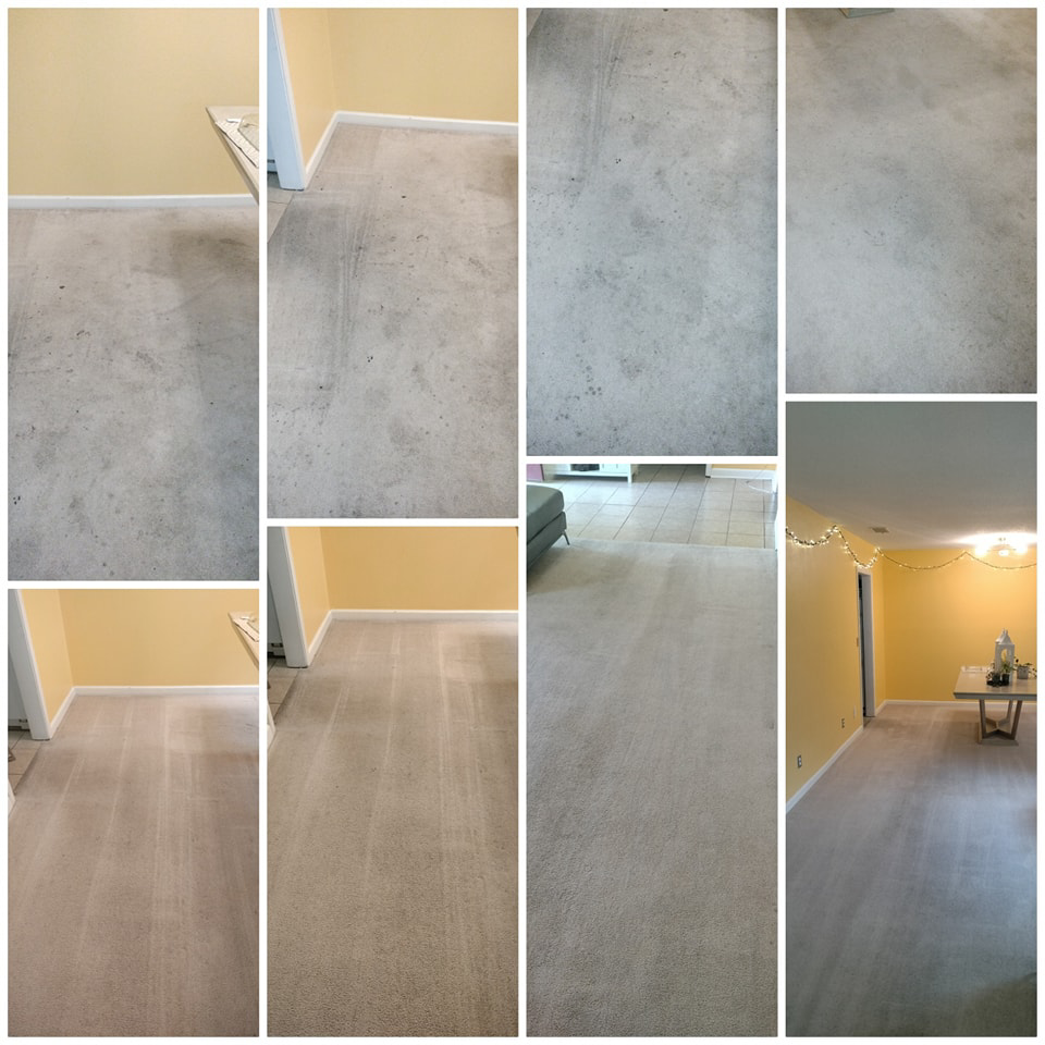 Before and after comparison of a carpeted floor cleaned by Nicoles Cleaning Service LLC in Mobile, AL.