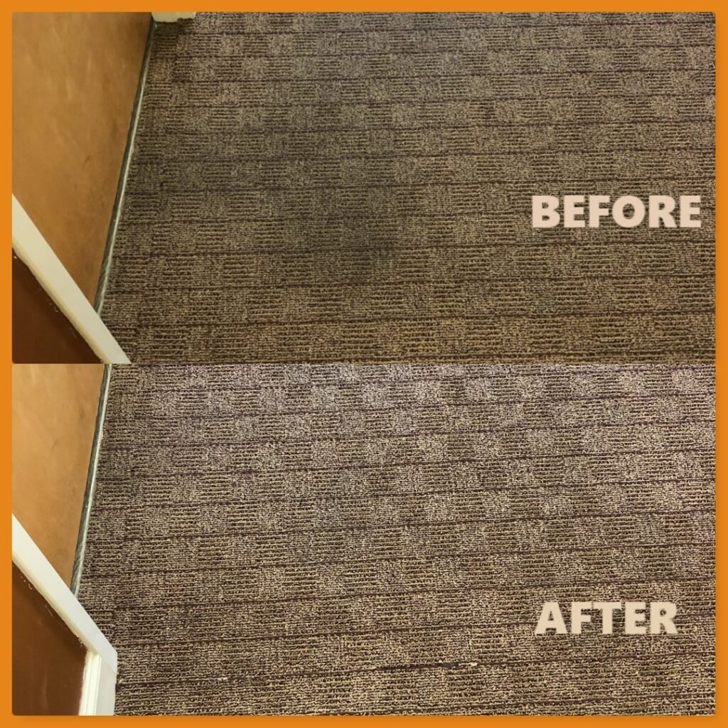A before and after comparison of a carpeted floor, showing effective cleaning results by 360clean in North Charleston, SC