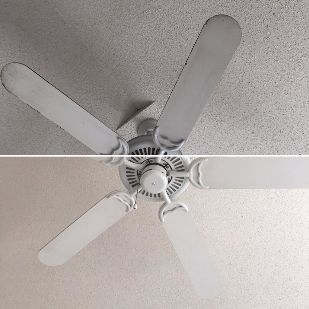 A before and after comparison of a ceiling fan, showing it thoroughly cleaned by Flawless Home & Business Cleaning LLC in Fargo, ND.