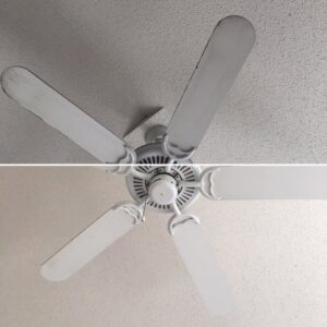 A before and after comparison of a ceiling fan, showing it thoroughly cleaned by Flawless Home & Business Cleaning LLC in Fargo, ND.