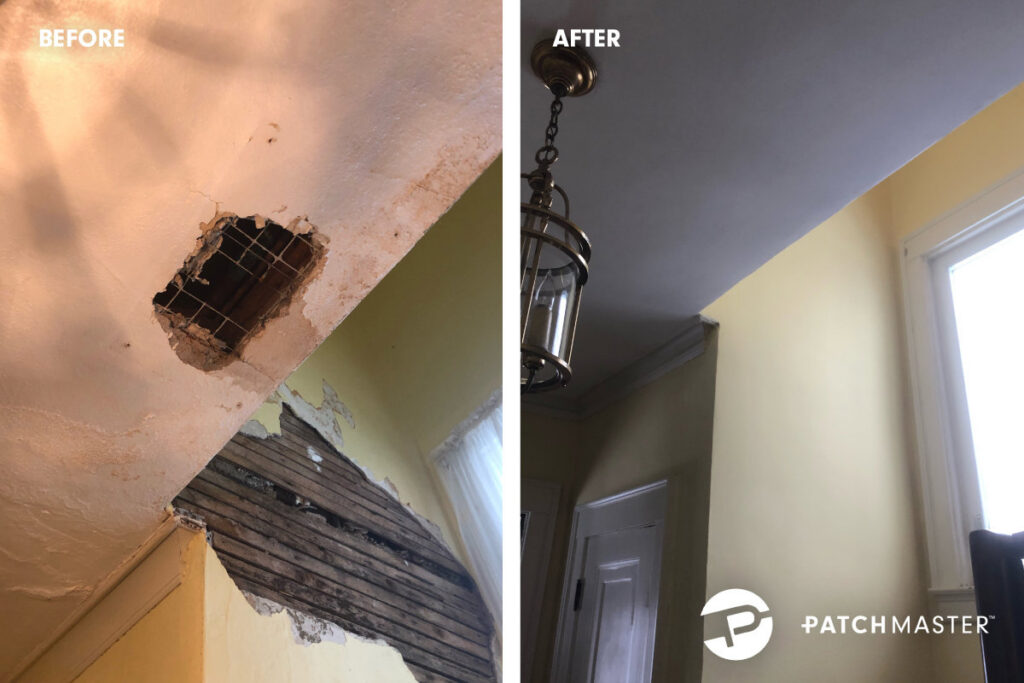 Before and after photos of a ceiling with a large hole, likely from water damage, repaired by PatchMaster Central Connecticut in Bristol, CT.