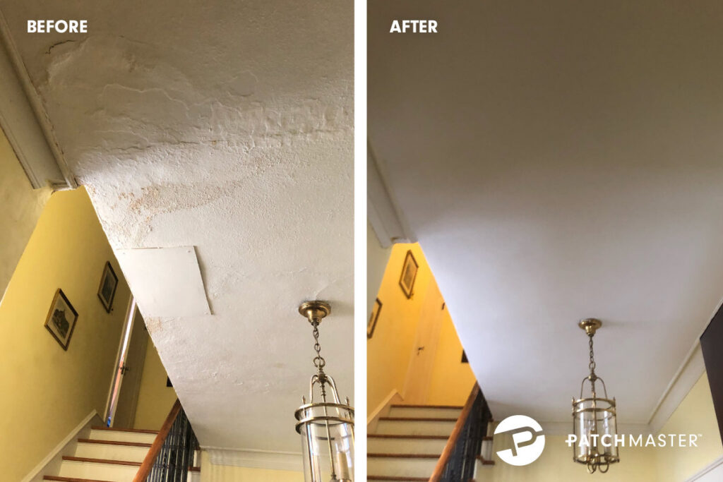 Before and after photos of a ceiling with water stains and peeling paint, expertly repaired by PatchMaster Central Connecticut in Bristol, CT.