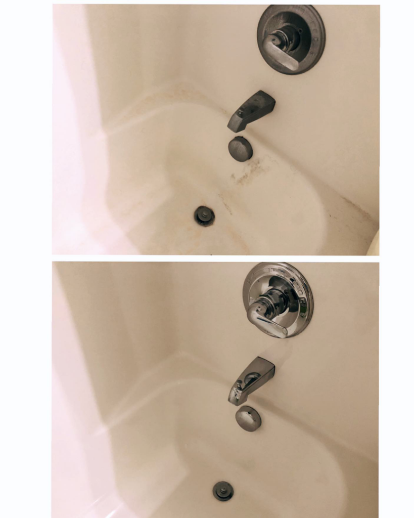 Before and after comparison of a dirty and sparkling clean bathtub by Vegan Cleaning Service in Cleveland, OH.