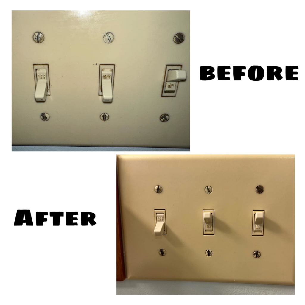 Before and after comparison of a clean light switch plate by Raquel's Cleaning Services in Dallas, TX.