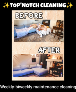 A before and after comparison showing a messy living room transformed into a clean space by A1 Top-Notch Cleaning Service in Long Beach, CA.